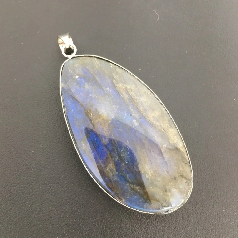 Labradorite Blue Green Flash Large Pendant Oval Natural Stone Silver Metal Wrap
